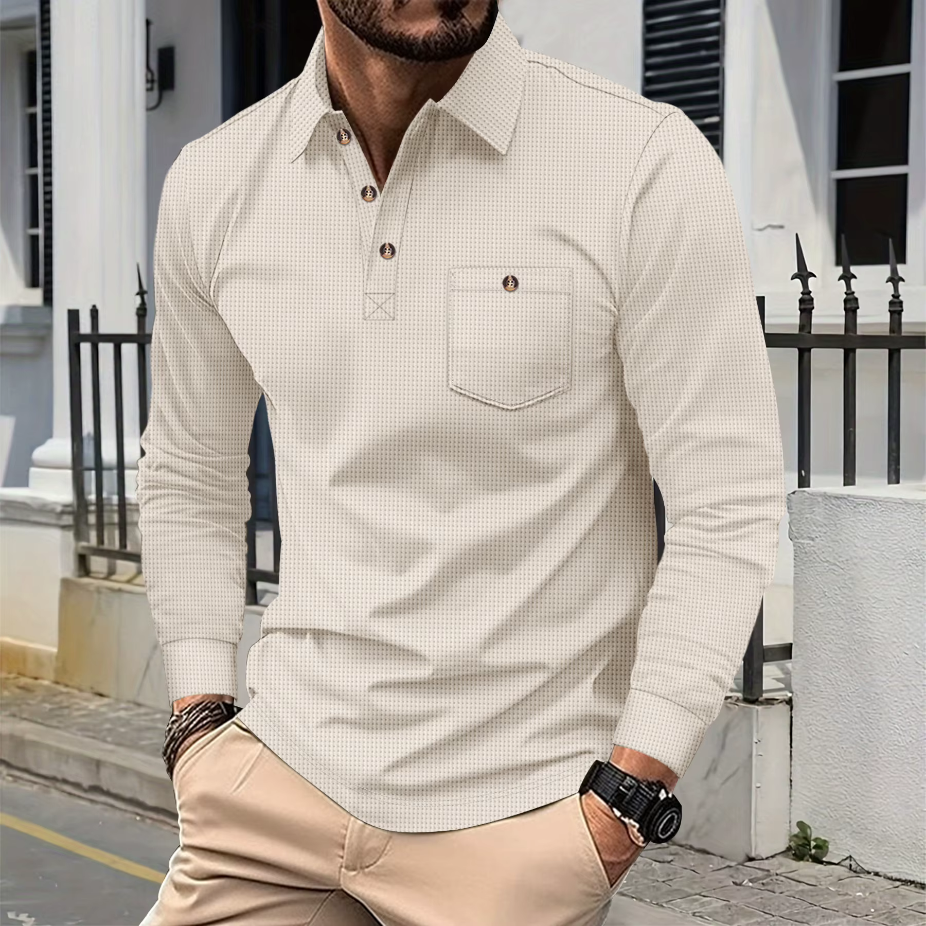 Polo Henley en tricot gaufré pour homme - T-shirt décontracté à manches longues avec col rabattu et poche poitrine boutonnée