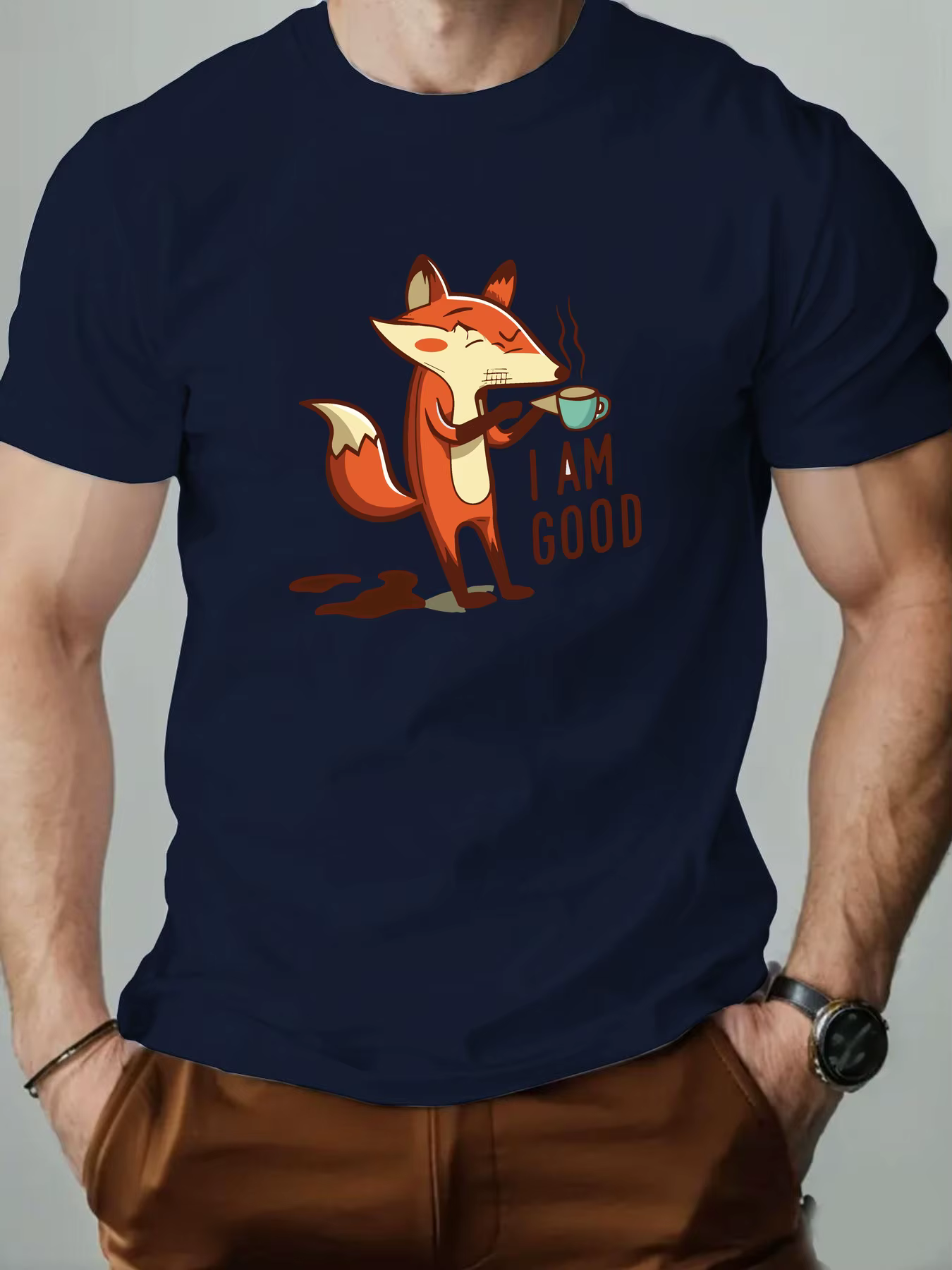 T-Shirt homme Animal renard dessin animé motif été loisirs respirant 100% coton col rond