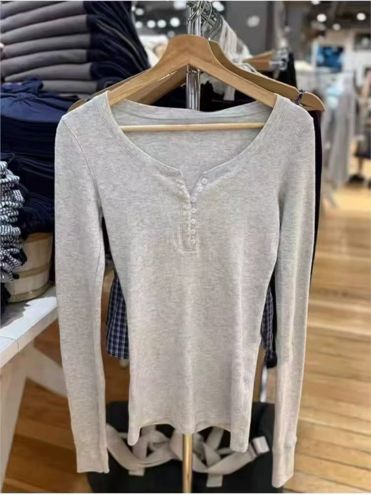Gris gaufre 7 boutons à manches longues T-shirts femmes automne coton