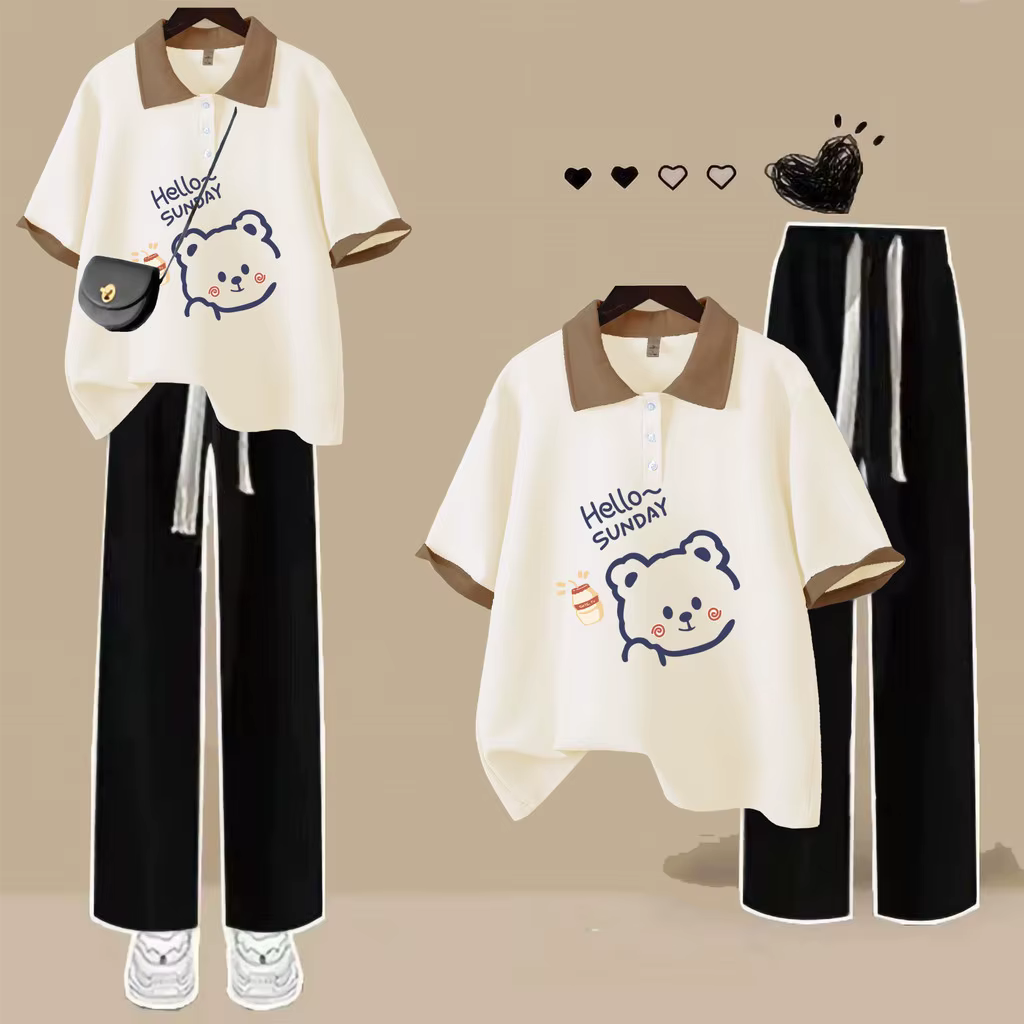 Mode col Polo à manches courtes T-shirt mignon ours en peluche haut ample femmes