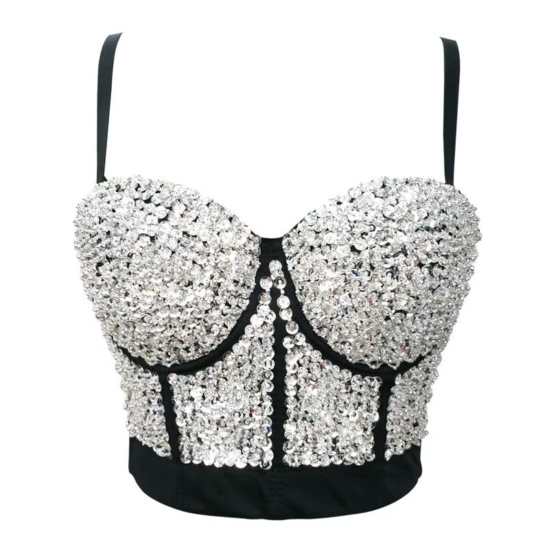 Haut court de danse latine noir 2026 pour femme – Gilet sexy à sequins sans manches