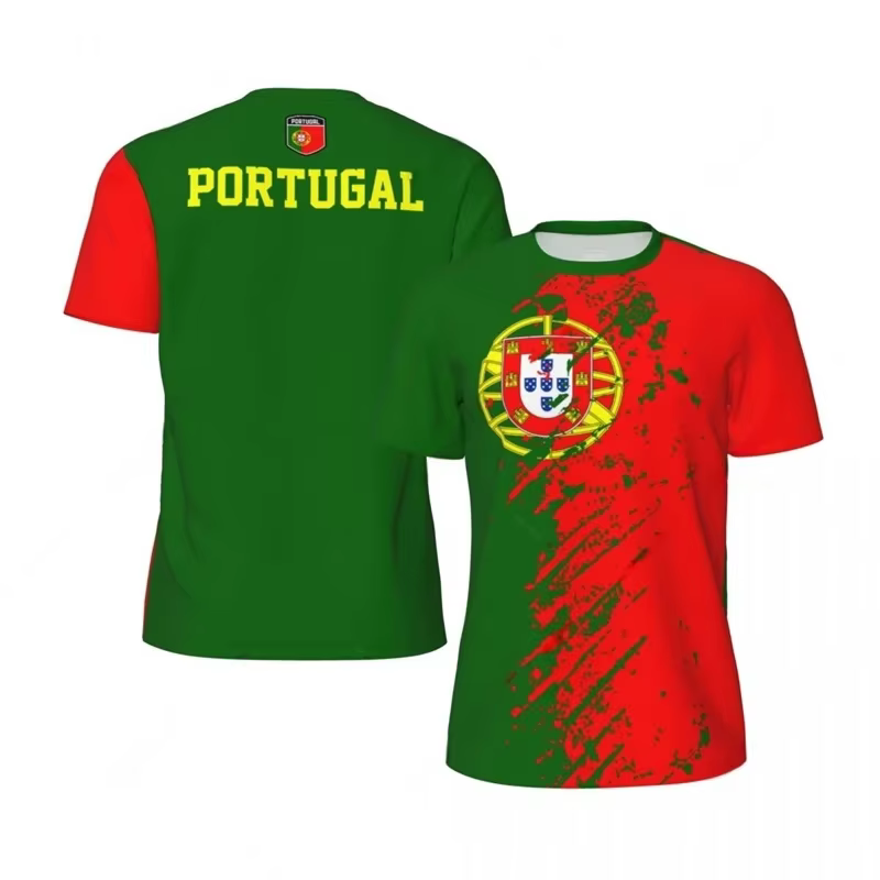 T-shirt de sport respirant à séchage rapide avec impression 3D du drapeau du Portugal pour hommes et femmes, maillot de football d'extérieur, haut à manches courtes pour équipe et club
