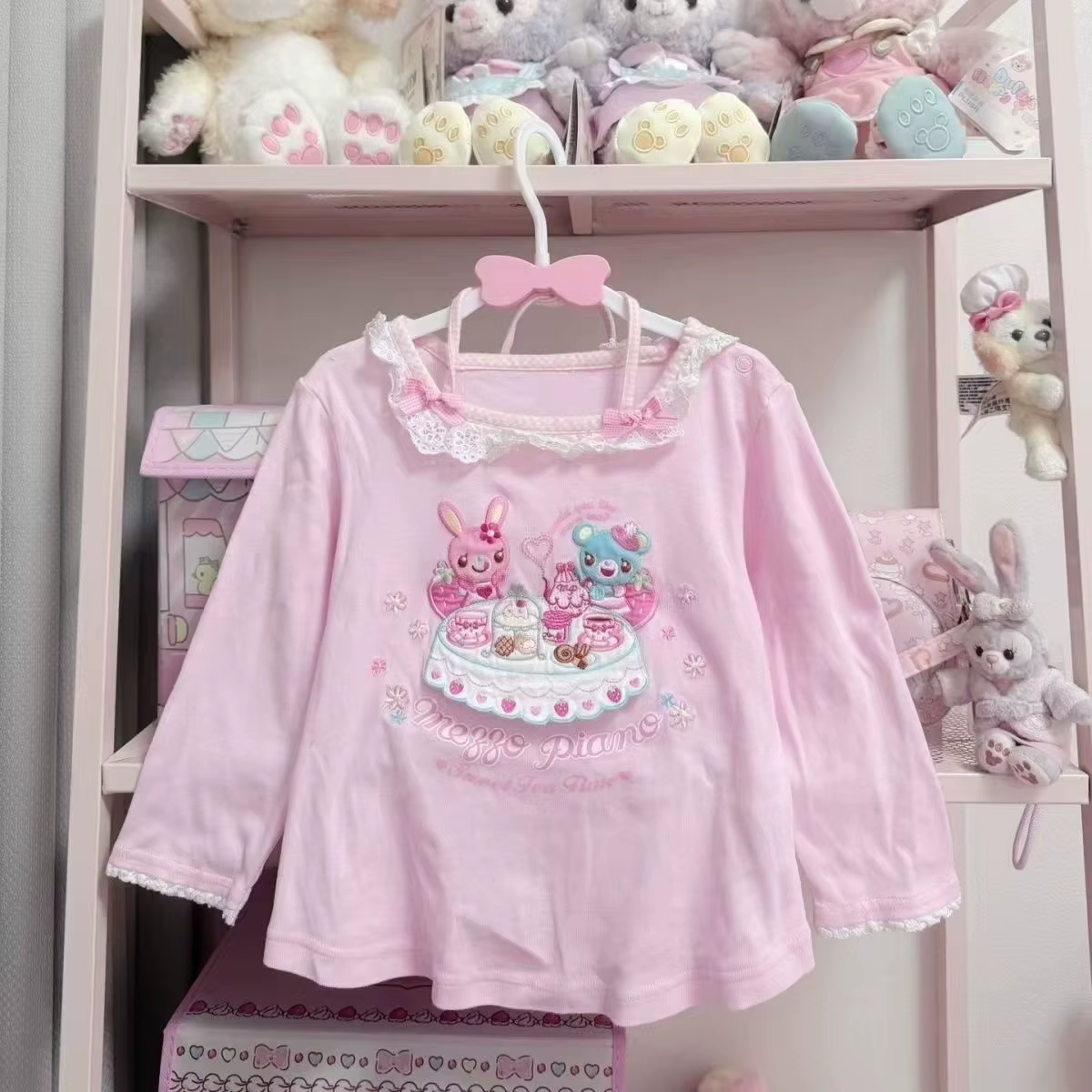 Japonais Kawaii dessin animé graphique imprimé T-shirts femmes rose doux dentelle couture hauts sous-culture Harajuku