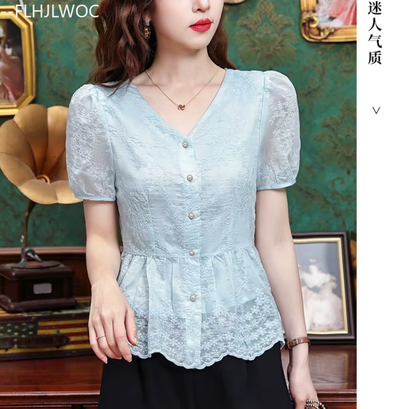 Peplum hauts chemisiers nouvelle mode femmes été à manches courtes mignon doux filles broderie dentelle rétro Vintage haut bouton chemises