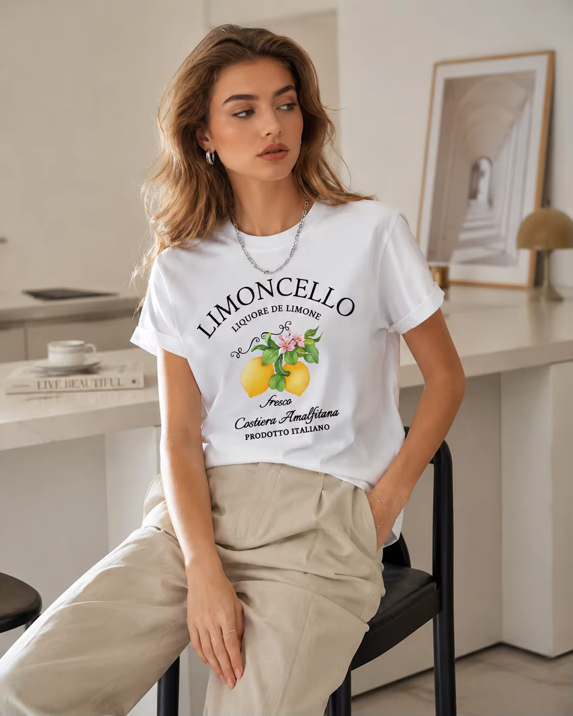 Nouvelle collection 2026 T-shirt italien Côte Amalfi Citron Col Rond avec Imprimé Fruits et Lettres Cool Manches Courtes Décontracté Été