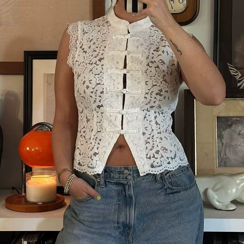 Débardeur Vintage Femme en Dentelle Florale à Col Mandarin