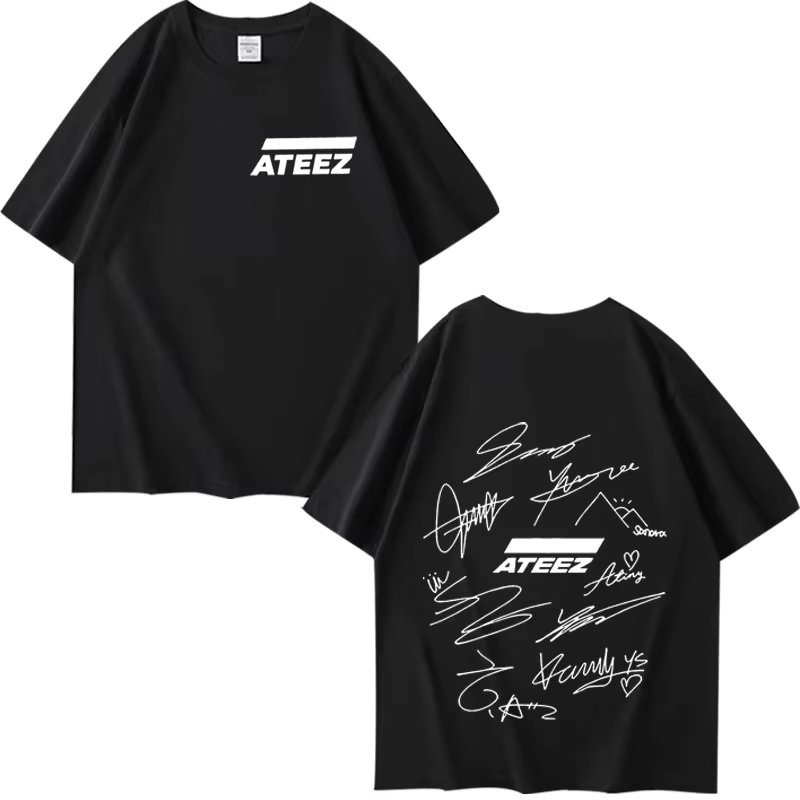T-shirt ATEEZ World Tour avec signatures des membres du groupe et imprimé géométrique au dos