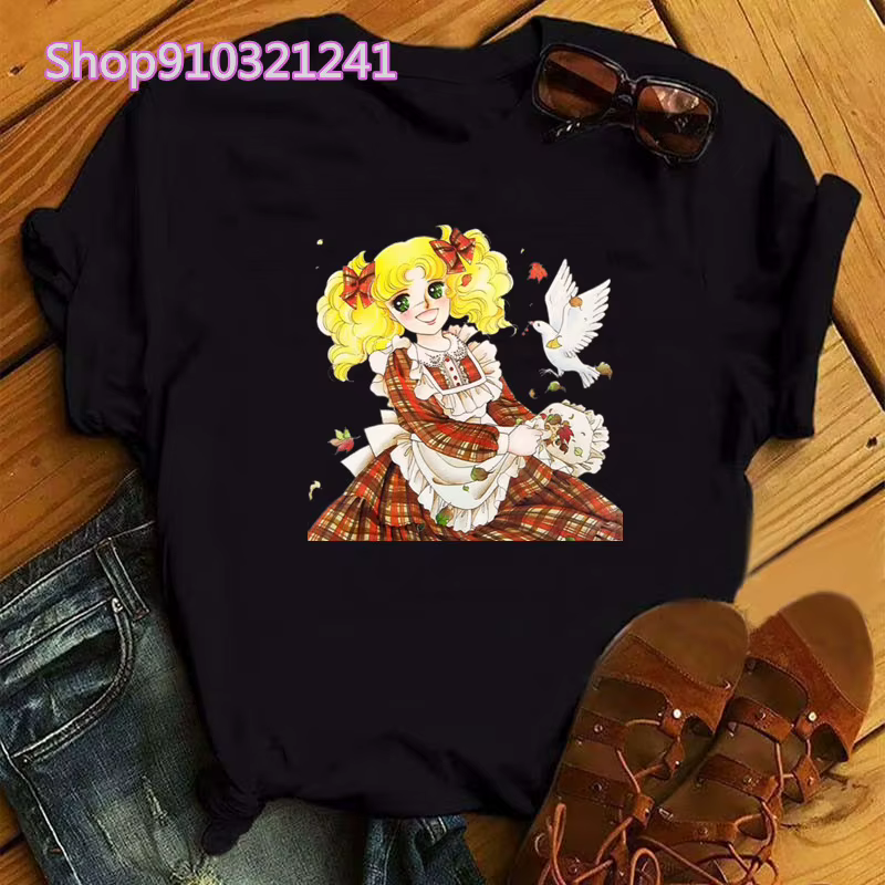Kawaii Anime bonbons T-shirt femmes été à manches courtes mignon noir