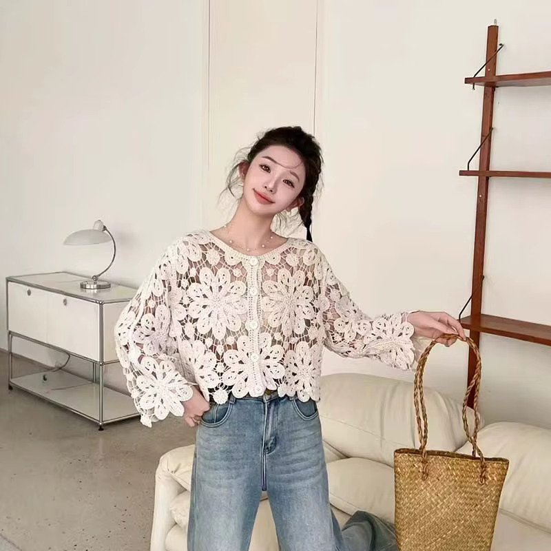 Boring Honey bord de mer vacances mode haut ample mince creux pull au crochet été tout-Match Cardigan à manches longues
