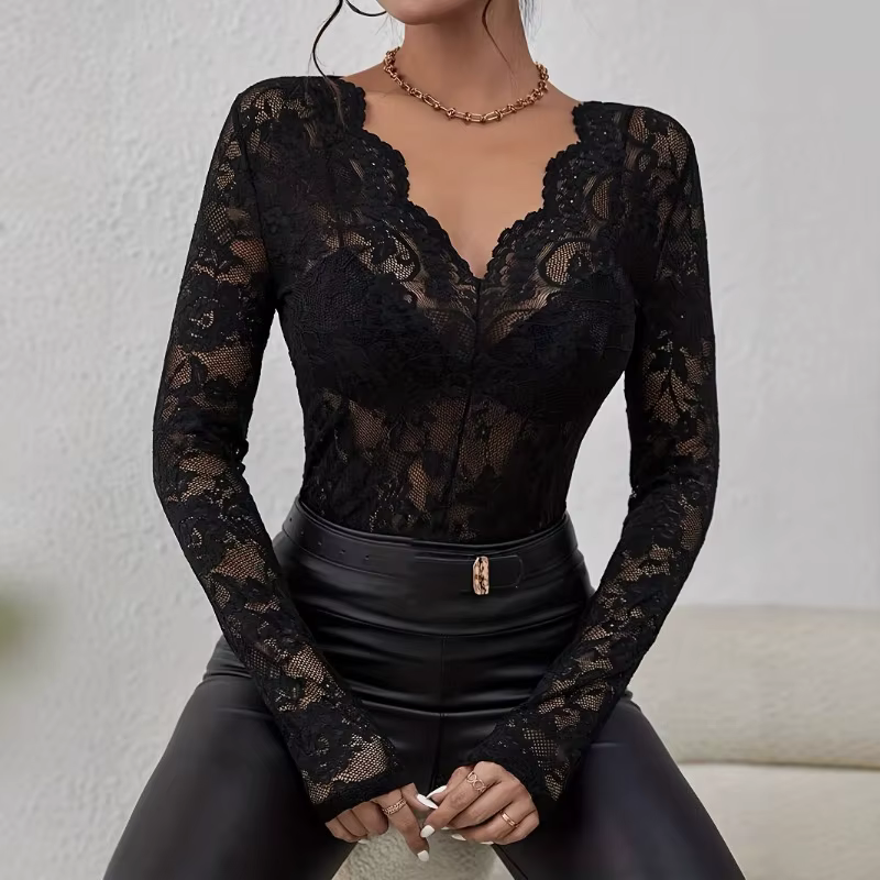 Femmes Sexy couche de Base chemise solide noir pure dentelle haut mince fleur pétoncle garniture col en V à manches