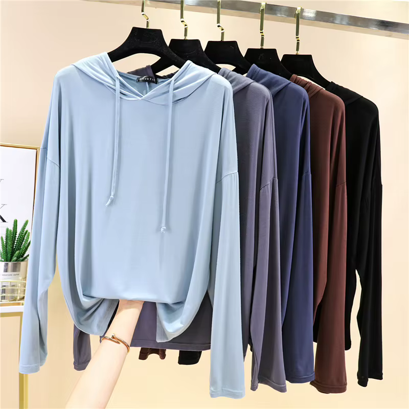 T-shirt à capuche en modal pour femme, haut décontracté printemps-automne, manches longues, coupe ample, doux, anti-UV, chemise de base, grande taille 2026
