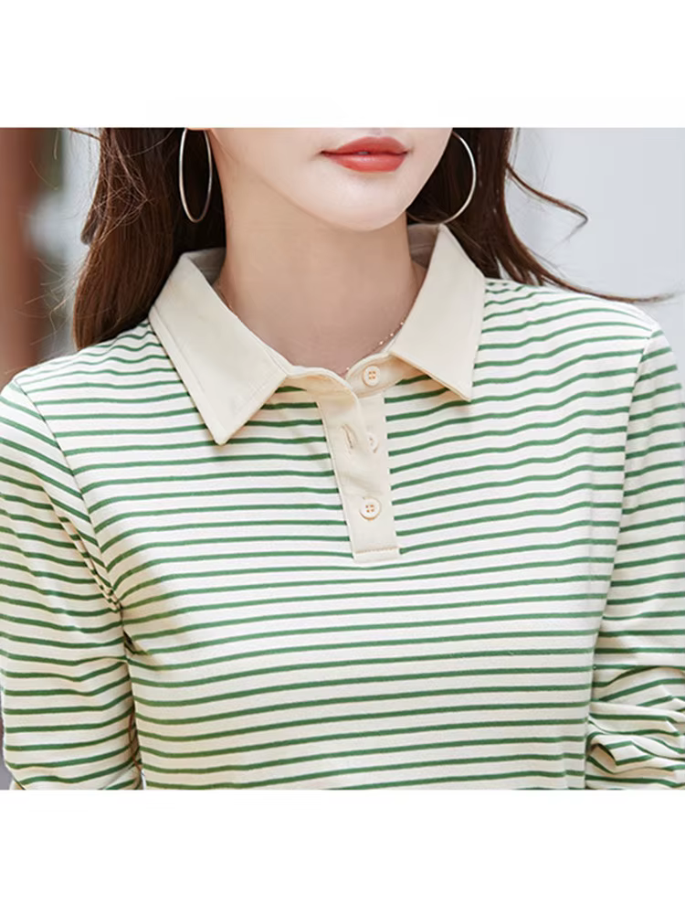 Nouveau Polo Femme Manches Longues Rayé Coton T-shirt Printemps Automne Mode Contraste Hauts Féminins Vêtements de Sport Golf