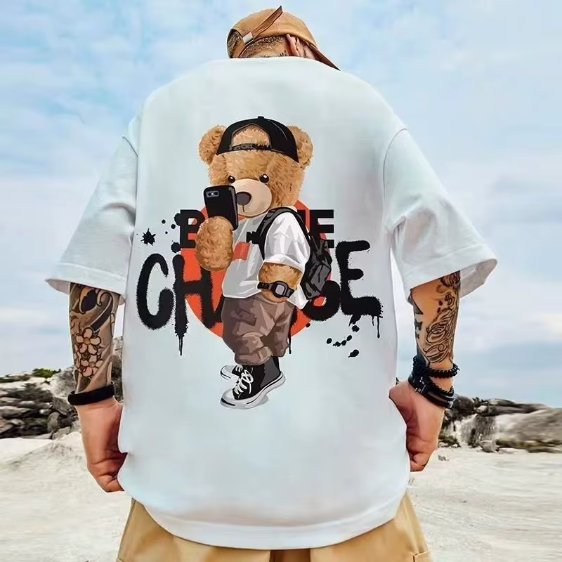 8XL hommes T-shirt style décontracté adolescent étudiant T-shirt américain Vintage mignon Selfie ours en peluche imprimé T-shirt ample grande taille grand haut