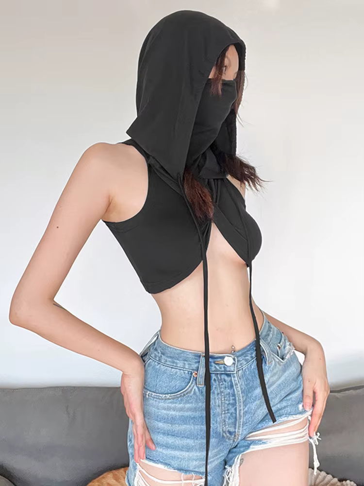 Débardeur Sexy à capuche solide pour femmes, vêtements, embout court, Design croisé, Streetwear, sans manches, Y2k, haut court