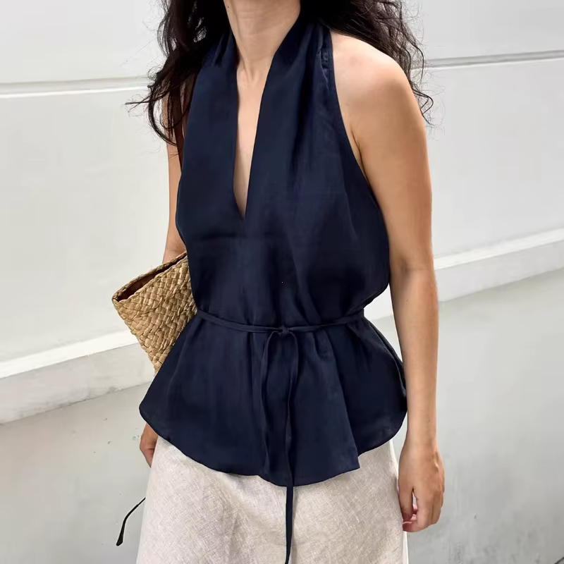 Débardeur Halter Chic Marine pour Femme – Top Décontracté Printemps à Col Plongeant et Lacets – Nouvelle Collection 2026