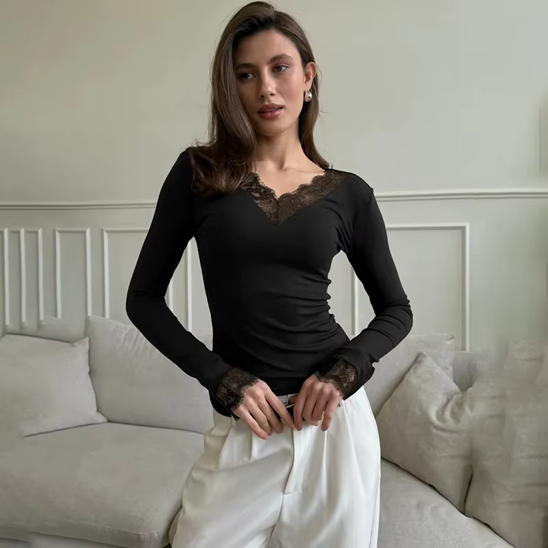Tornova col en V dentelle t petit haut femmes Sexy nombril exposé pull mode épissure fille chaude Club