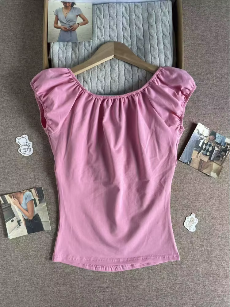 T-shirt rose en maille plissée à manches courtes pour femme