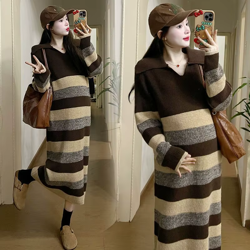 Robe en tricot rayé pour femmes, manches longues, col Polo, coupe ample, longueur mi-mollet, Style décontracté, vêtements d'automne et d'hiver