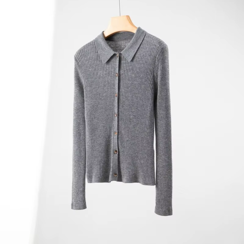 Cardigan en tricot à col polo en laine mérinos 100 % super fine pour femme