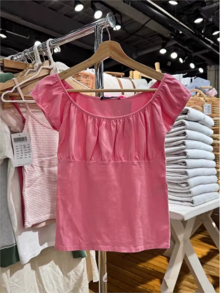 T-shirt rose en maille plissée à manches courtes pour femme