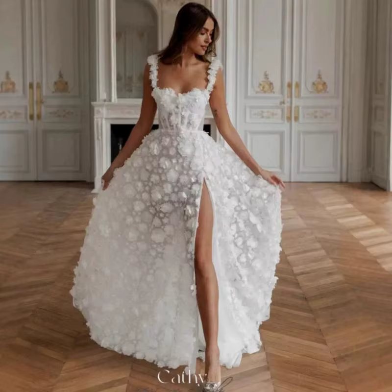Robe de mariée légère à bretelles, haut de gamme, élégante, traînante, fleur tridimensionnelle, fente haute, personnalisée