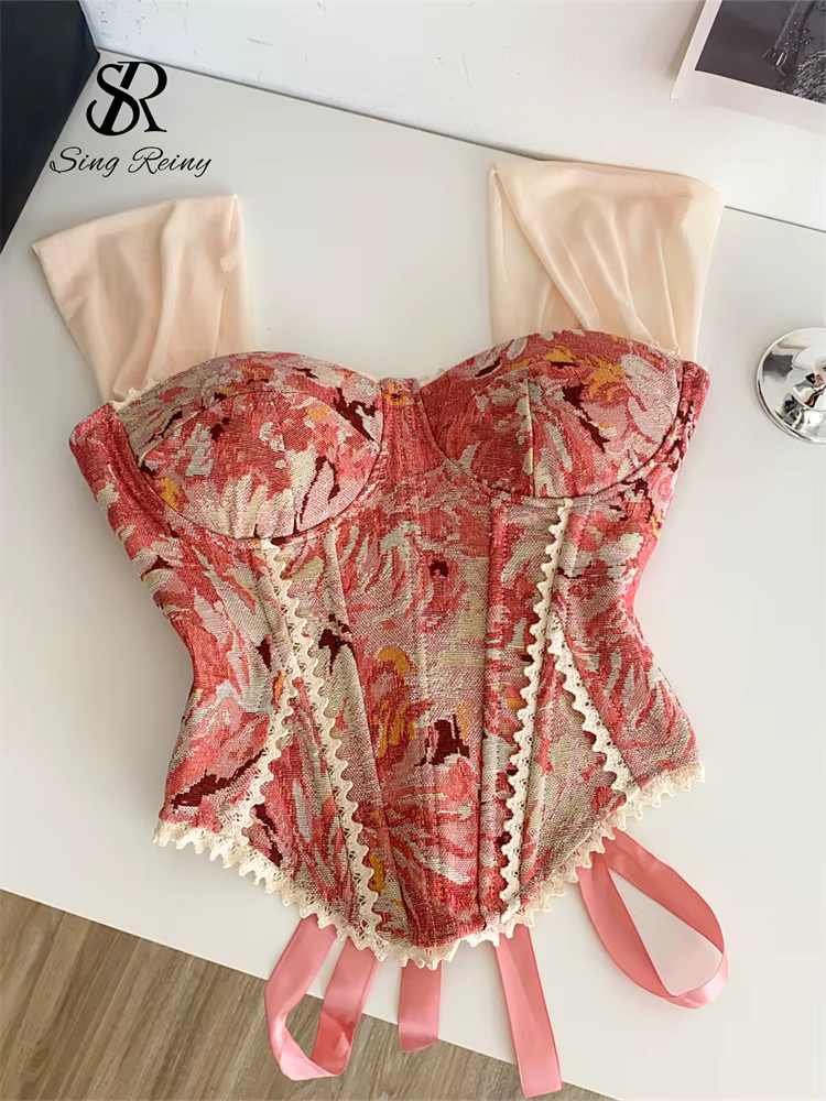 SINGREINY américain rétro imprimé soirée Camisole femme sangle dentelle épissé haut mince 2025 Streetwear Floral Vintage plage débardeur