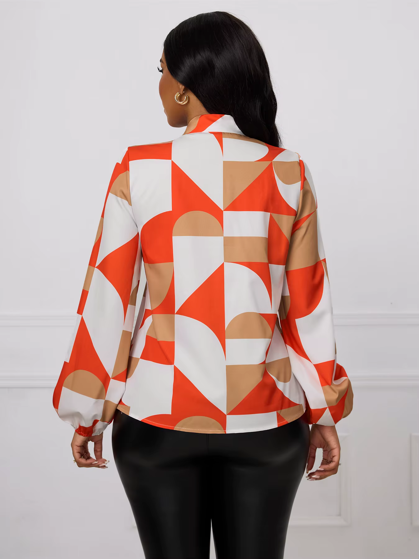 Chemisier Femme Printemps-Été Orange et Blanc à Imprimé Géométrique