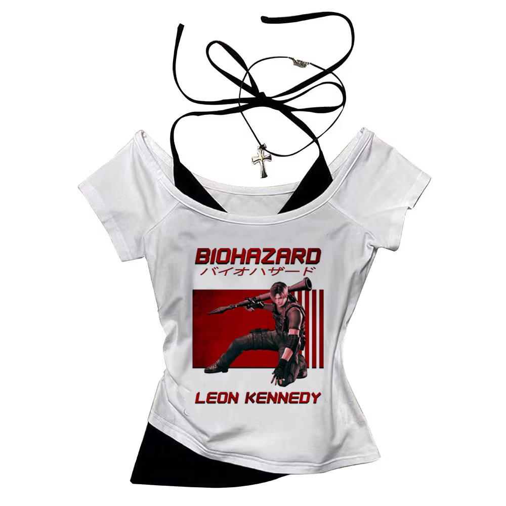 Leon Kennedy crop top vintage corset shoujo girl style harajuku summer cropped Aesthetic Slim Fit Cute teens tees