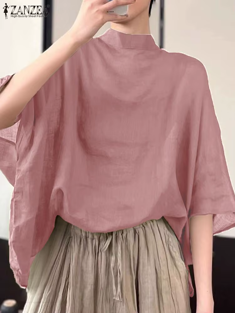 ZANZEA femmes 3/4 manches chauve-souris Blouse surdimensionné asymétrique hauts 2024 été col montant tunique