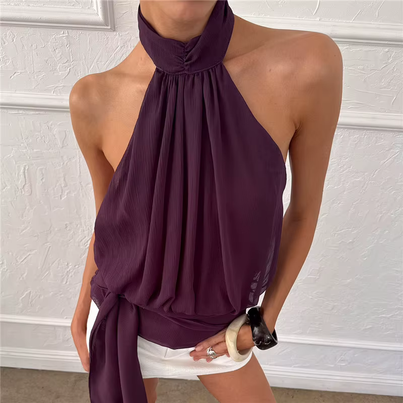 Hirigin – haut élégant violet prune pour femmes, chemisier sans manches à dos ouvert, haut fluide à nouer à la taille, pour le bureau, les déplacements et les tenues décontractées