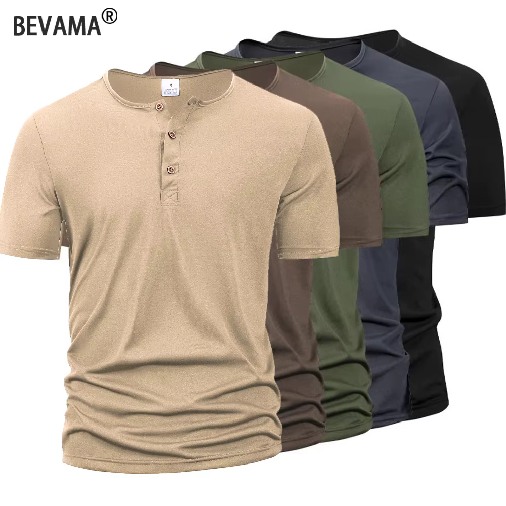 Été hommes col Henley T-shirts bouton mince décontracté mâle couleur unie à manches courtes