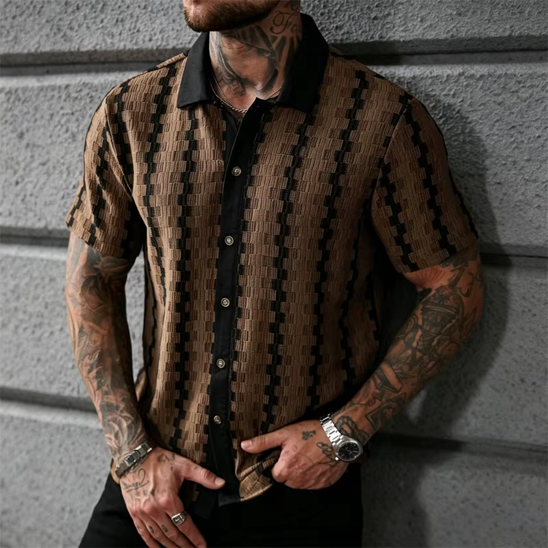 Chemise d'été 2026 pour homme, tricotée à carreaux rétro, à manches courtes, haut polyvalent décontracté et élégant