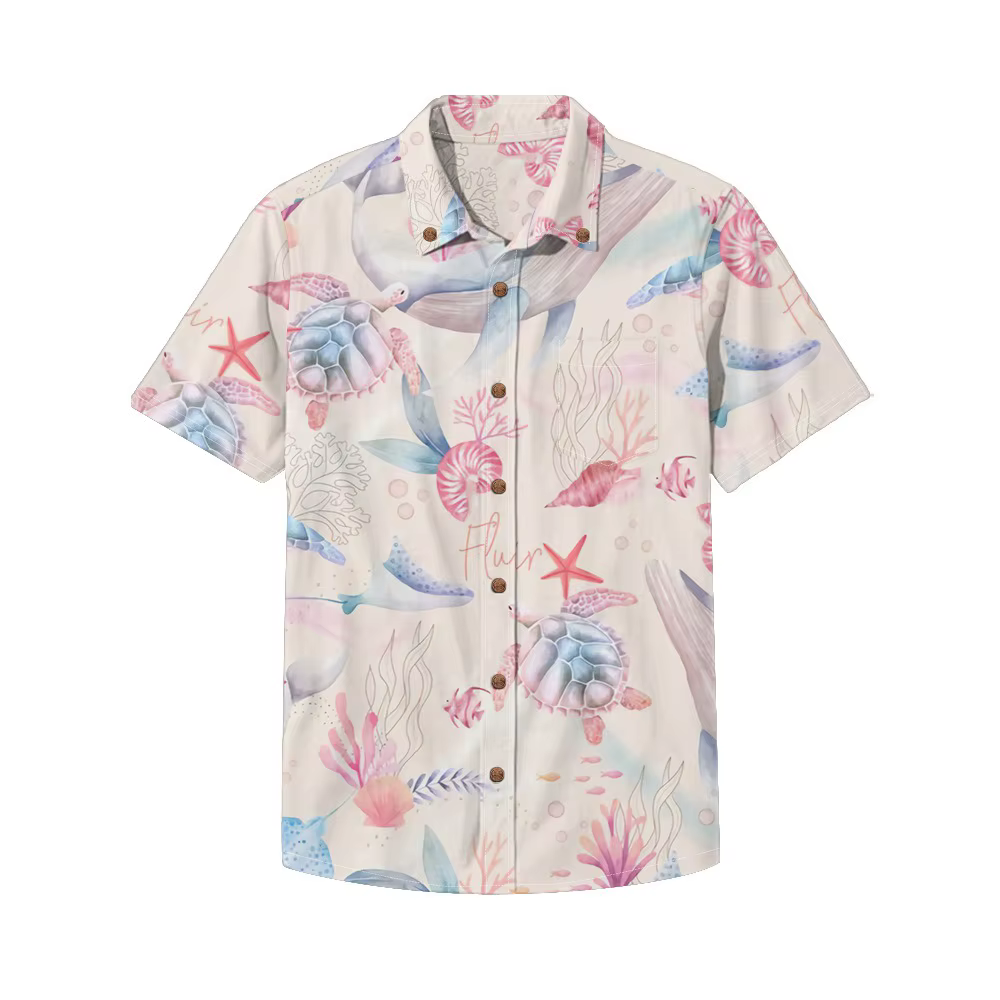 Chemise hawaïenne Aloha vibrante hippocampe et corail pour hommes