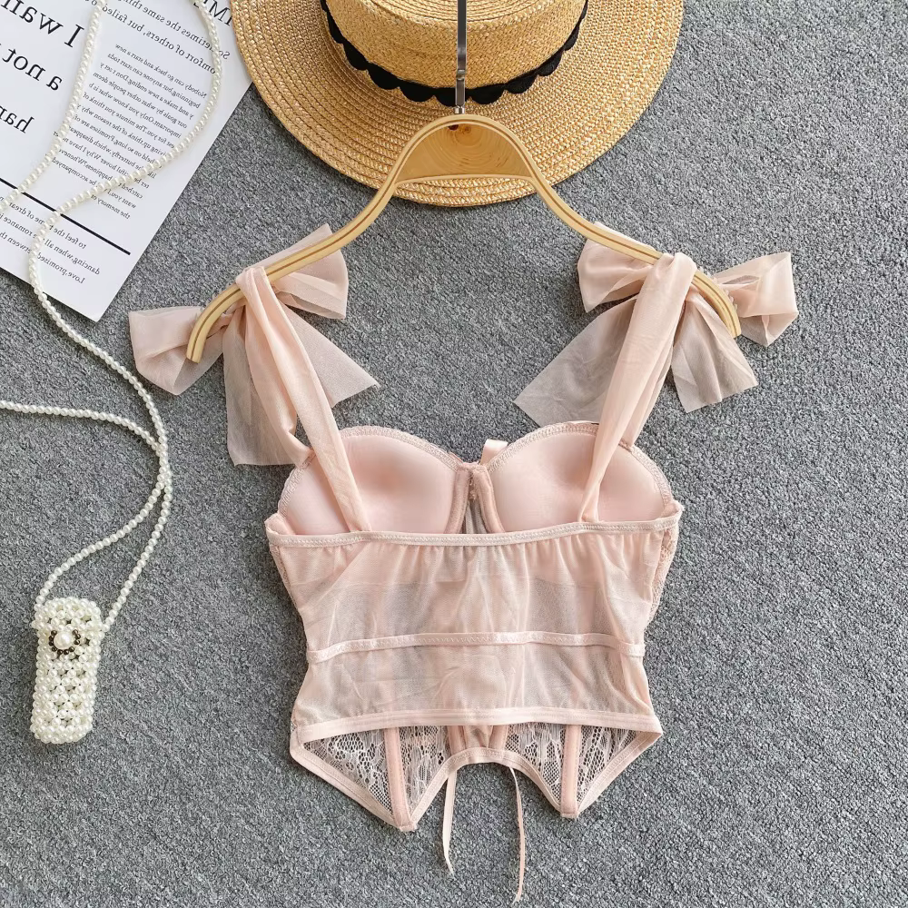 Spaghetti sangle débardeur pour femmes sans bretelles intégré soutien-gorge dentelle patchwork Tulle nœud Camis été