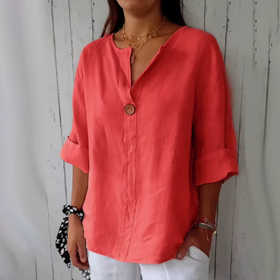 Blouse décontractée pour femme 2026 – Nouveau T-shirt ample d'été en coton et lin à col en V avec boutons – Vêtements féminins