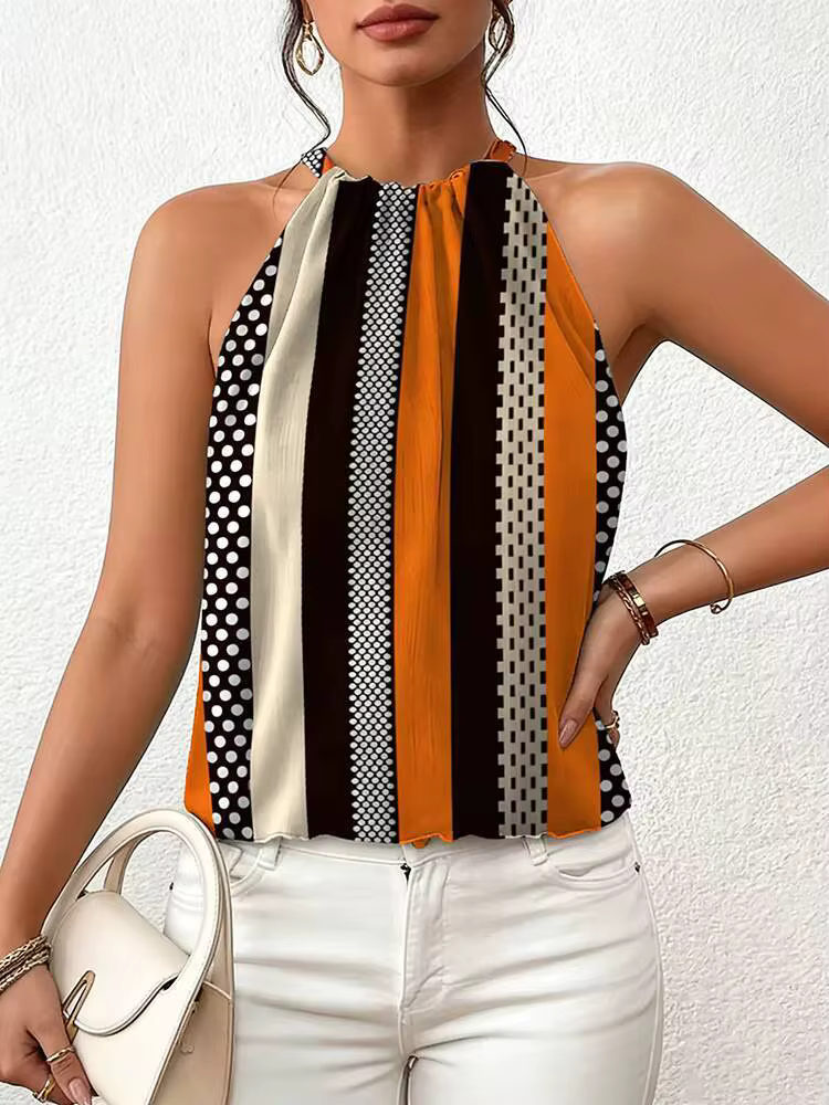 Débardeur Femme Printemps-Été Orange Marron Rayé à Pois Col Halter Sans Manches Style Rétro Chic Quotidien Décontracté