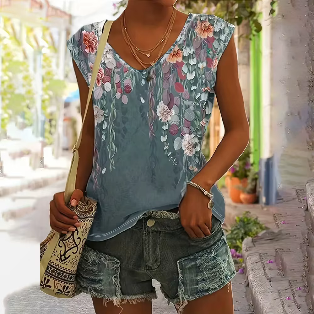 T-shirt à col en V imprimé floral 3D pour femmes