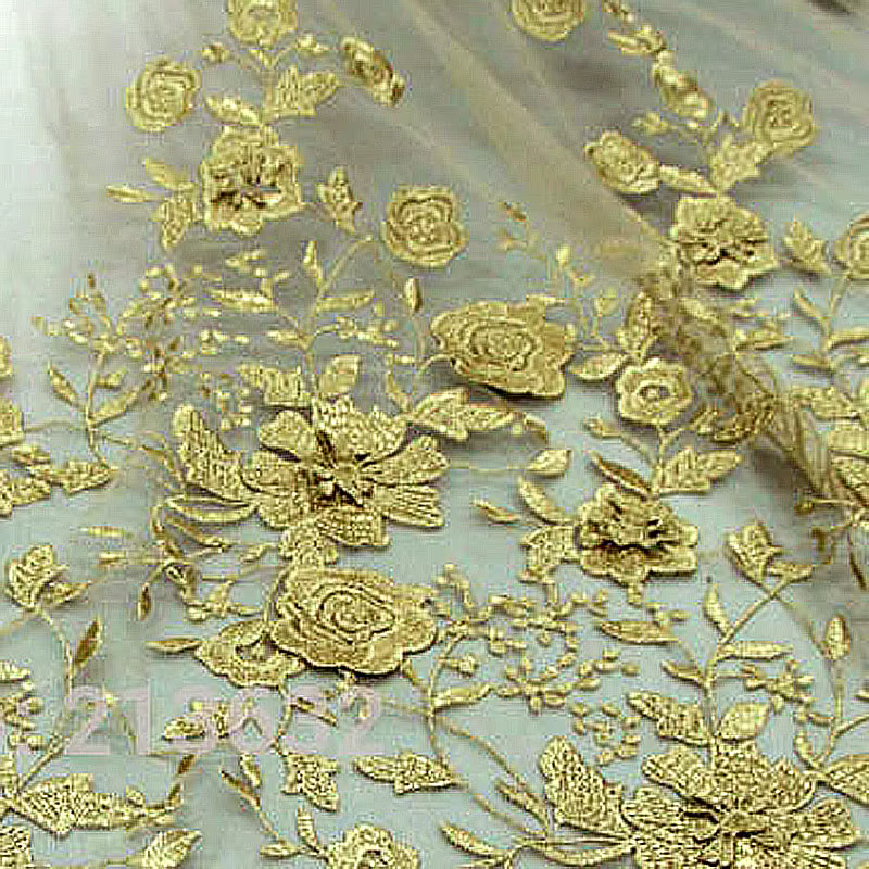 Robe de mariée dentelle 3D Flash garniture or 2 couches Tulle Voile fleurs broderie Textile tissus lacets électroniques tissu pour la couture