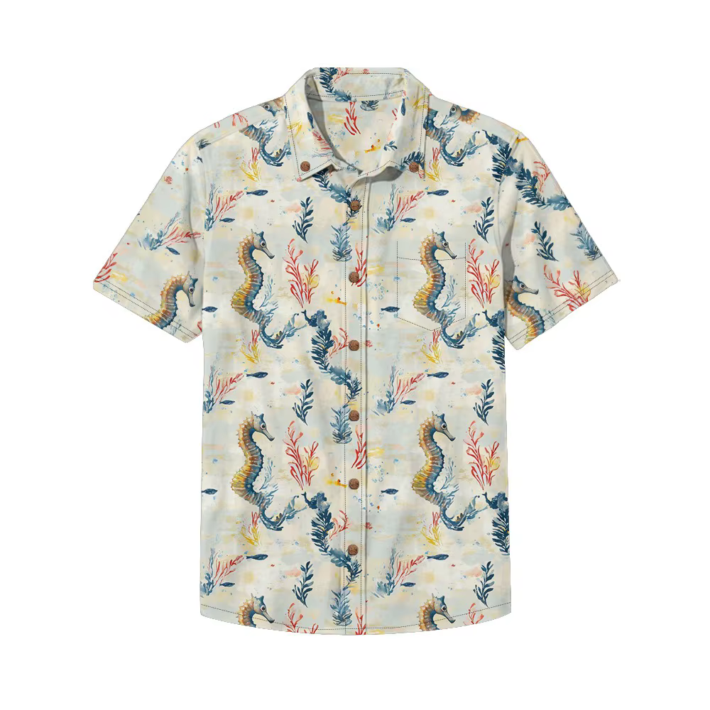 Chemise hawaïenne Aloha vibrante hippocampe et corail pour hommes