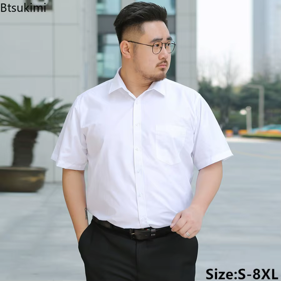 Oversized 7XL 8XL Summer New Men's Dress Shirts Fashion Classic Black White Short Sleeve Business Social Formal Clothing