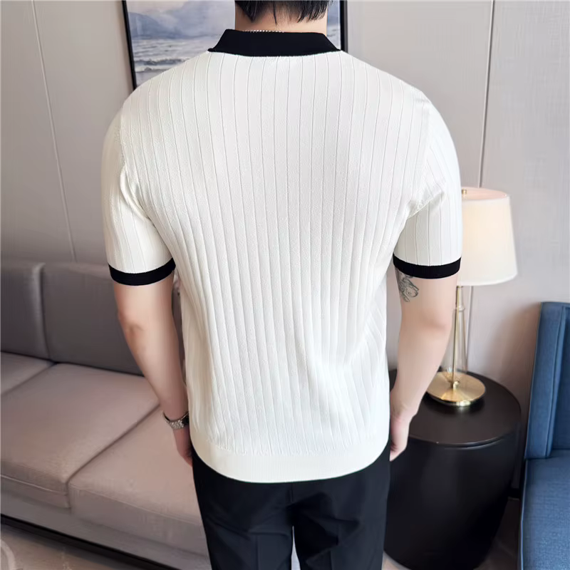Hommes tricoté Polo Style britannique été léger mince à manches courtes usage quotidien haut t-shirt
