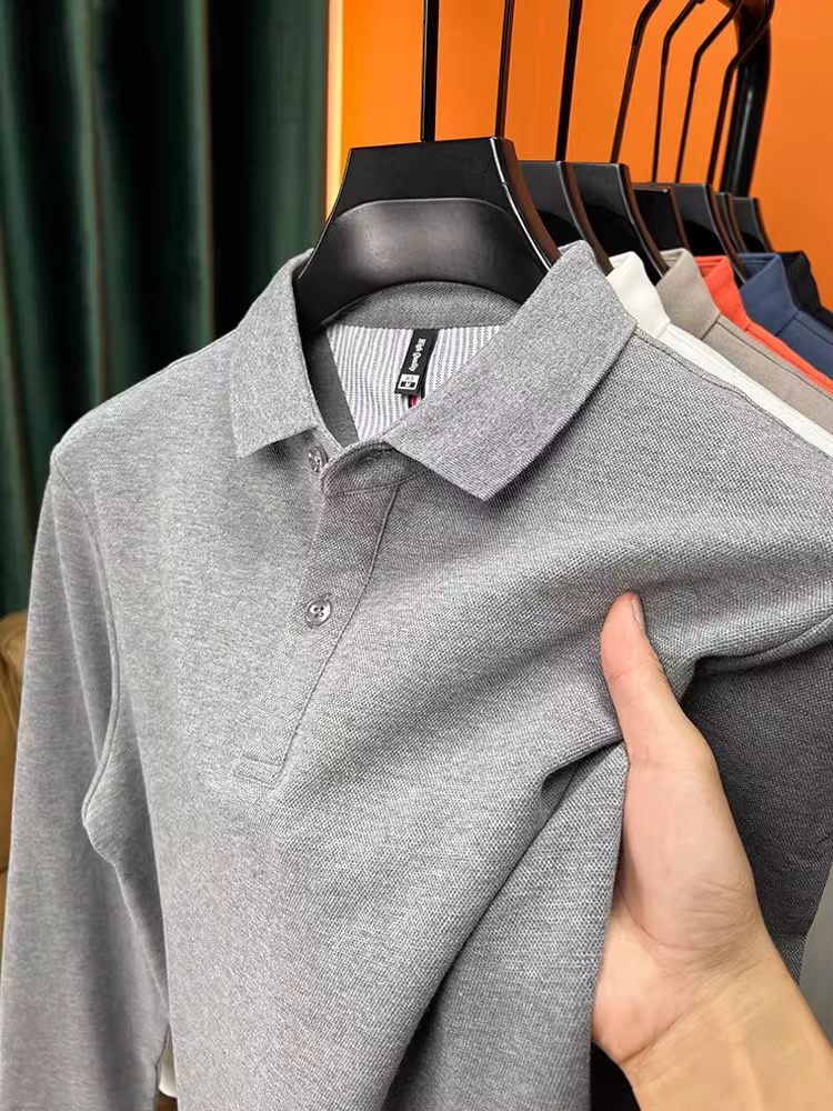 Polo de luxe à manches longues 100% coton nouvelle marque haut de gamme simple confortable couleur unie T-shirt de golf pour loisirs et affaires automne