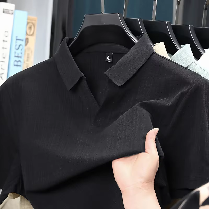 Chemises polo à manches courtes en lin mélangé texturé pour hommes