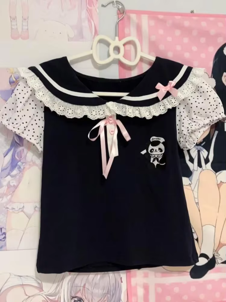 Japonais Y2k dentelle T-shirt femmes Kawaii dessin animé broderie graphique t-shirts Harajuku mode décontracté arc hauts