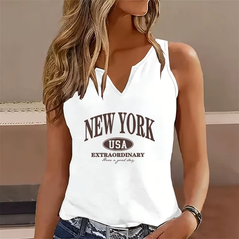 Débardeur T-shirt tendance col en V sans manches décontracté mode USA NEW YORK imprimé pour femme