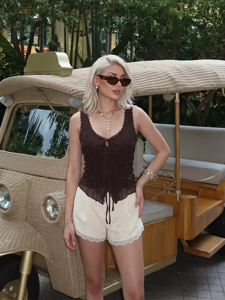 Débardeur Corset en Chiffon Plissé à Bretelles et Dentelle Style Français HH pour Femme