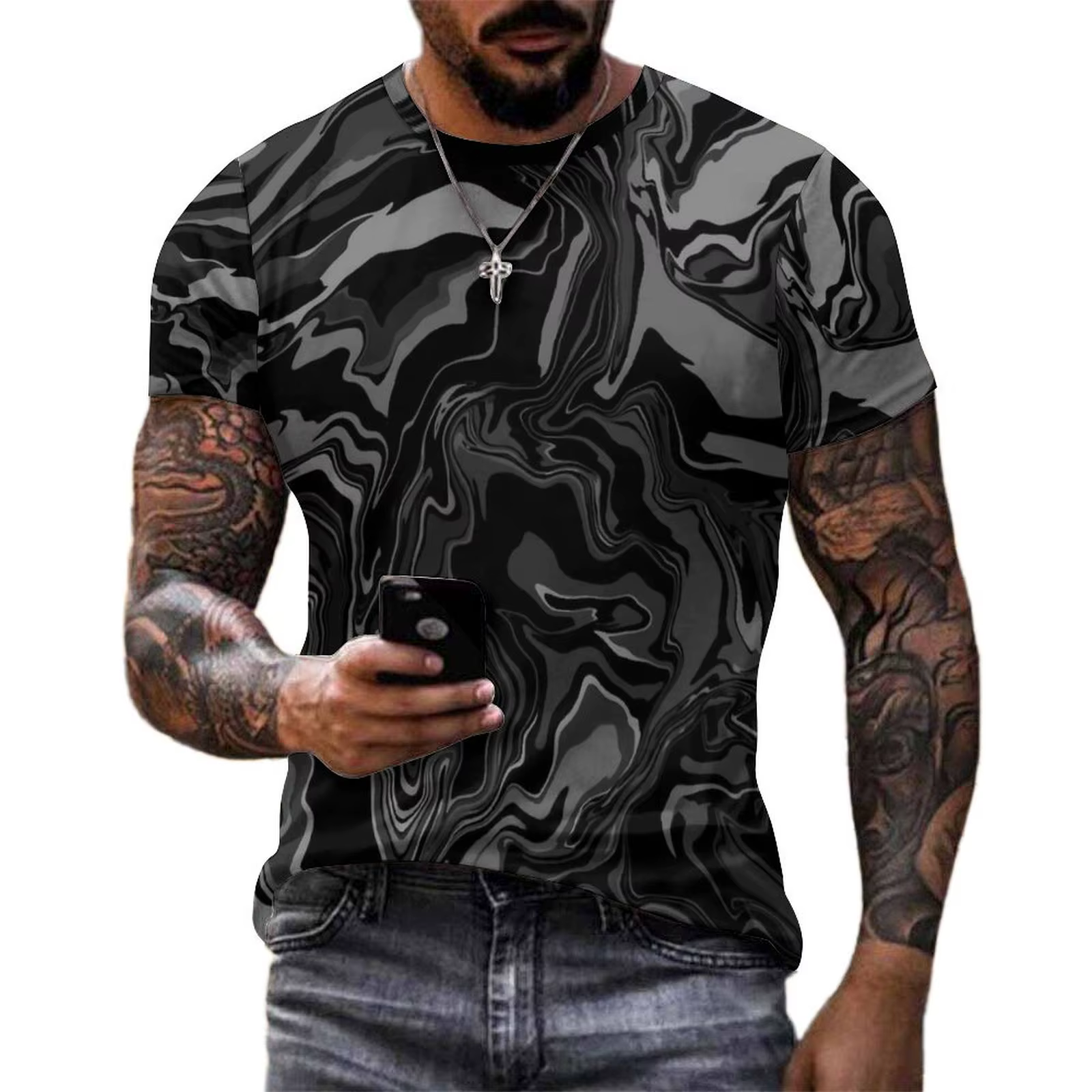 T-shirt noir à manches courtes et col rond pour homme