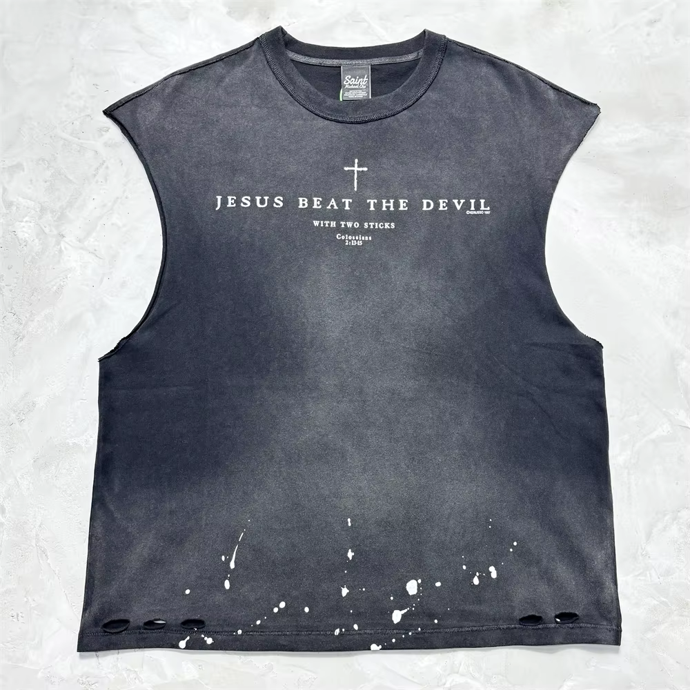 Sans manches Saint trou lavé T-shirt hommes femmes meilleure qualité hauts