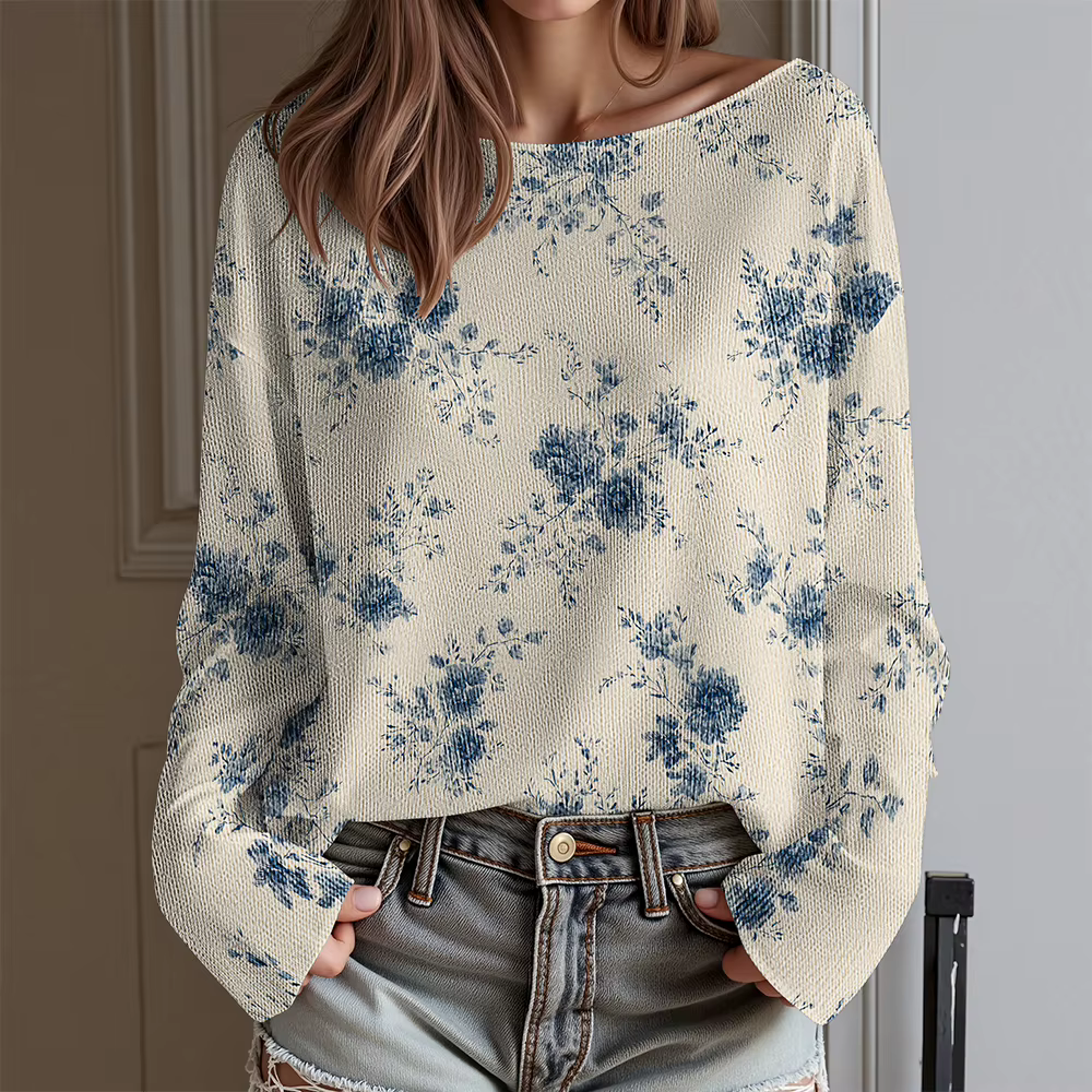 Cadeau de Saint-Valentin T-shirt floral à une épaule pour femme Coupe ample Haut à manches longues Chemisier Sweet Heart Hauts Harajuku Cottagecore