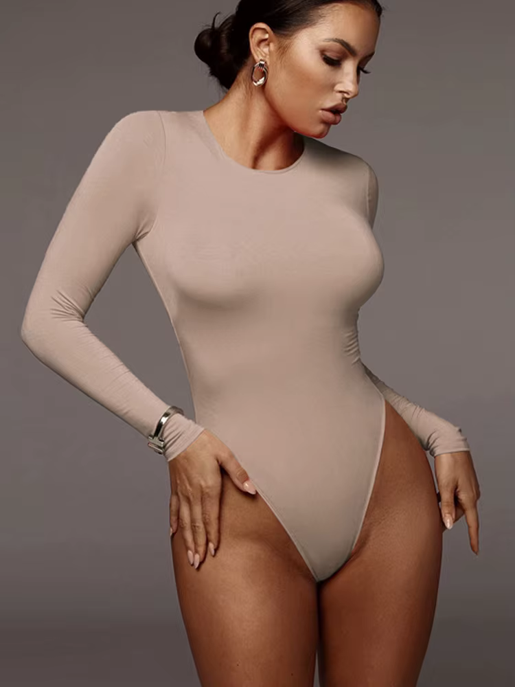 Body Top à manches longues et col rond pour femme
